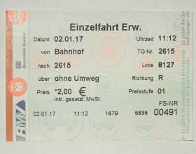 Ticket zu 2€, das für die Fahrt Bhf Groß-Karben - Petterweil ausgegeben wurde; uninformierter Fahrer bestand auf Fahrpreis nach alten Tarifbedingungen
