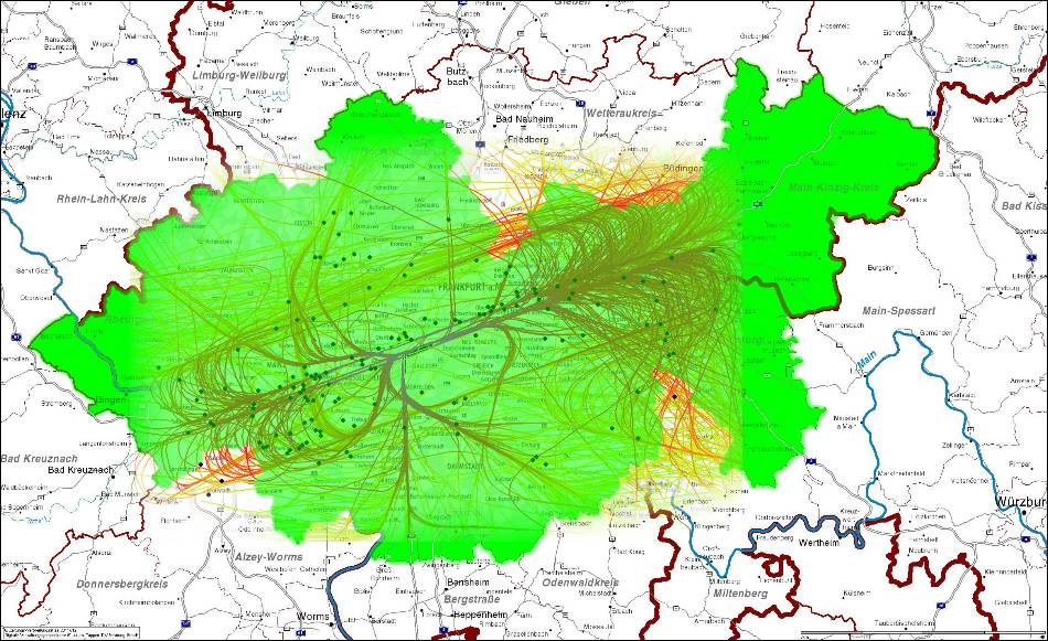 Gebiete, die in der Fluglärmkommission vertreten sind (grün) und die Lärmbelastung vom 24.8.2012 (rot/gelbe Linien)