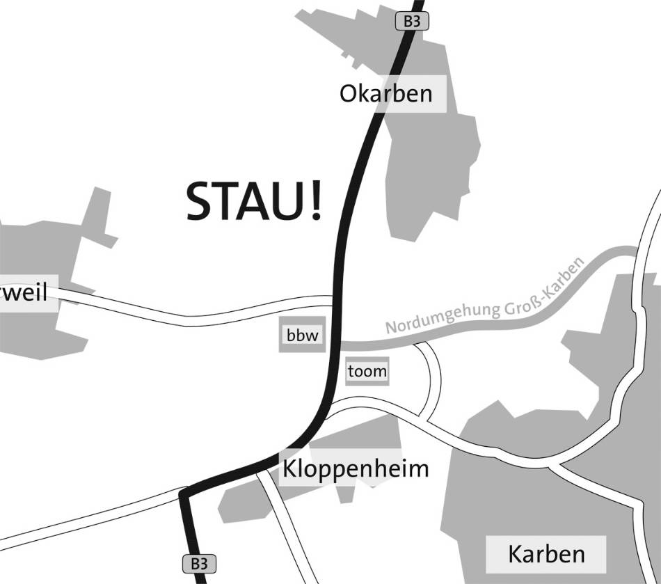 Ohne B3-Ausbau wird es den täglichen Mega-Stau zwischen Kloppenheim und Okarben geben.